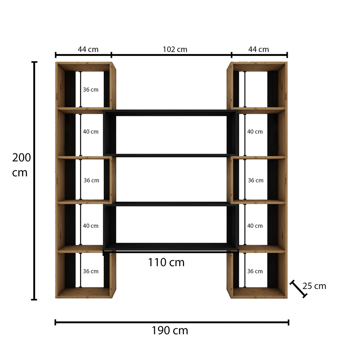 Βιβλιοθήκη 114 × 25 × 200 εκ. Φυσικό Μαύρο GR120PLT1268