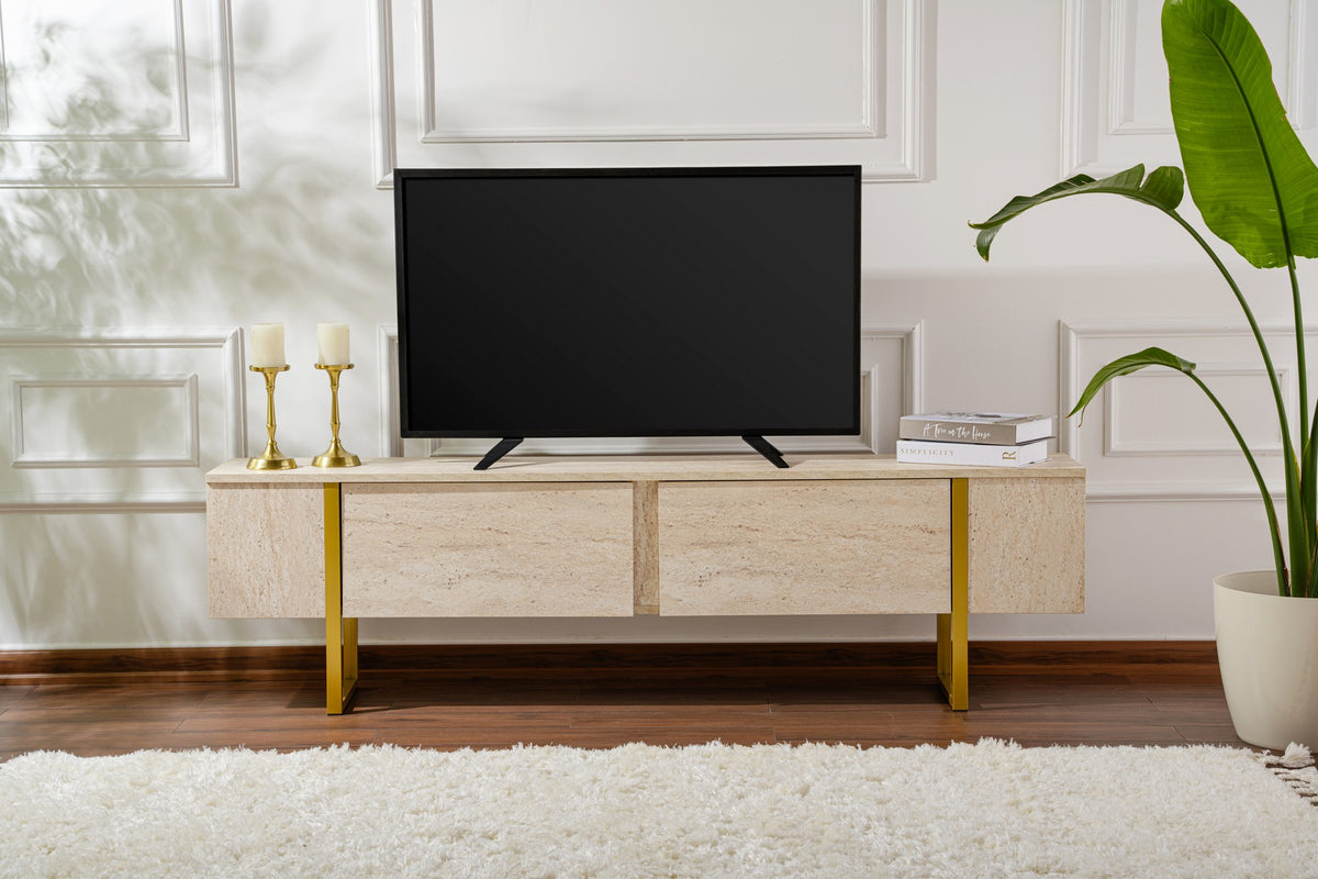 Έπιπλο Τηλεόρασης TV Βάση Σύνθεση Travertine Χρυσό | 241NRD1308