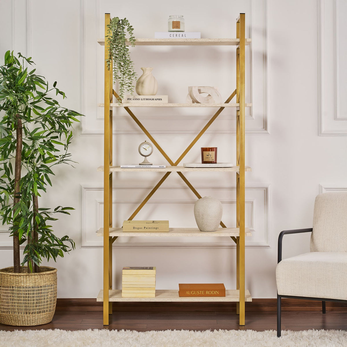 Βιβλιοθήκη 90 × 34 × 180 εκ. Travertine Χρυσό GR241NRD1501