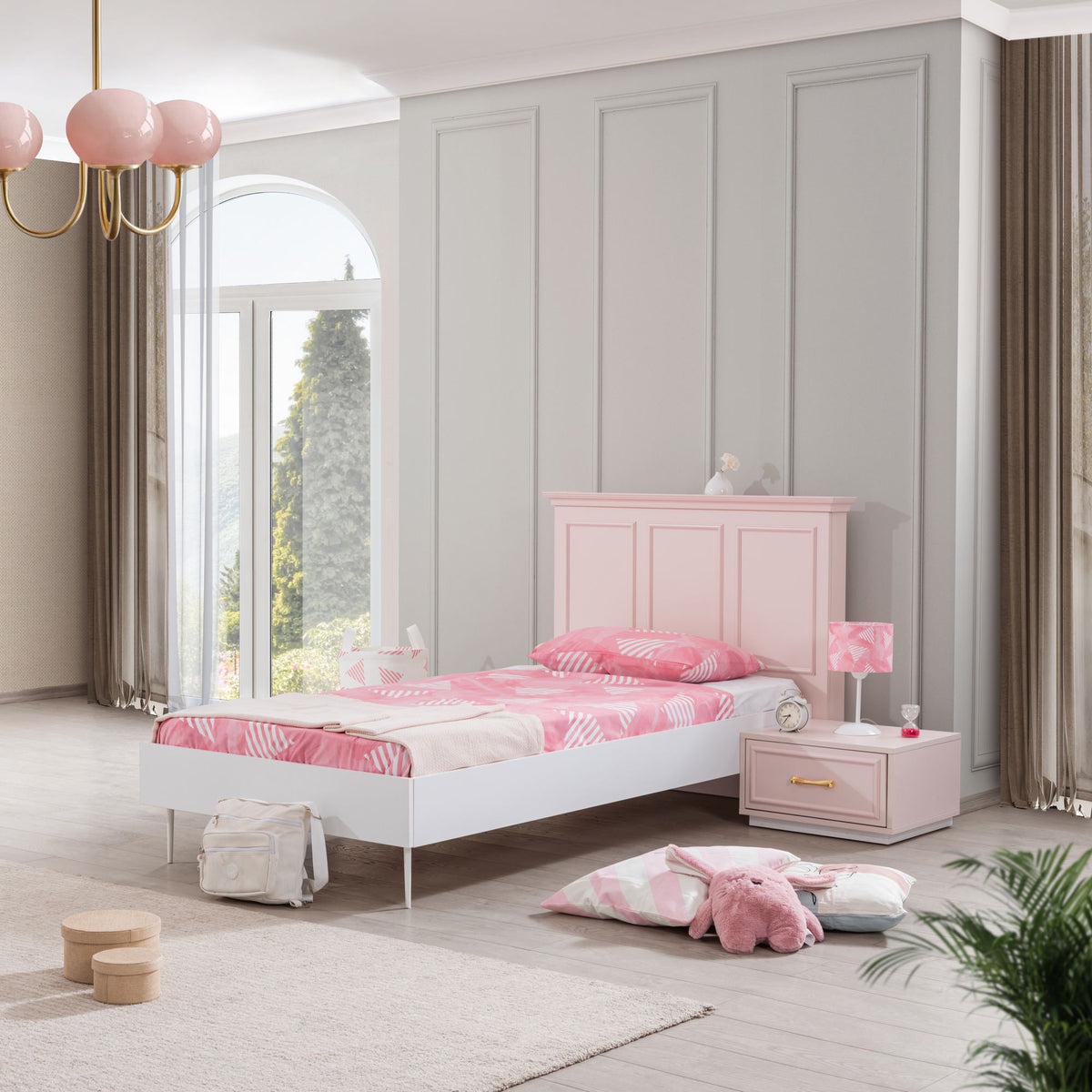 Μονό Κρεβάτι 100x200 cm σε Ροζ & Λευκό Χρώμα με MDF Κεφαλάρι και Μεταλλικά Πόδια | 249HRV1612