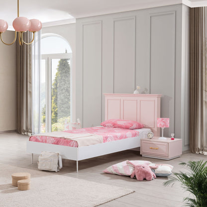 Μονό Κρεβάτι 100x200 cm σε Ροζ & Λευκό Χρώμα με MDF Κεφαλάρι και Μεταλλικά Πόδια | 249HRV1612