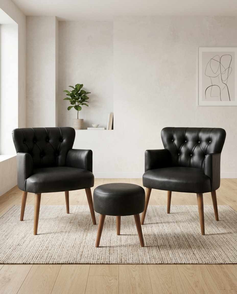 Σετ Πολυθρόνα Μπερζέρα & Πουφ (3 Τεμάχια) σε χρώμα Μαύρο, 281ELR1189.