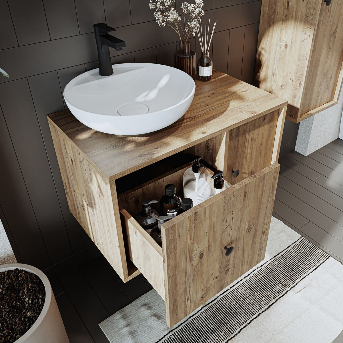 Σετ Επίπλου Μπάνιου με Νιπτήρα & Καθρέφτη (3 Τεμάχια) σε χρώμα Πεύκο Atlantic, 283VLN1216.