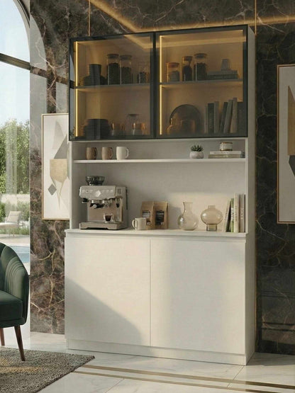 Ντουλάπι Καφέ MDF με Βιτρίνα, Φωτισμό LED & Πόρτες Soft Close 120×40×201 εκ. – Λευκό 285VST1148