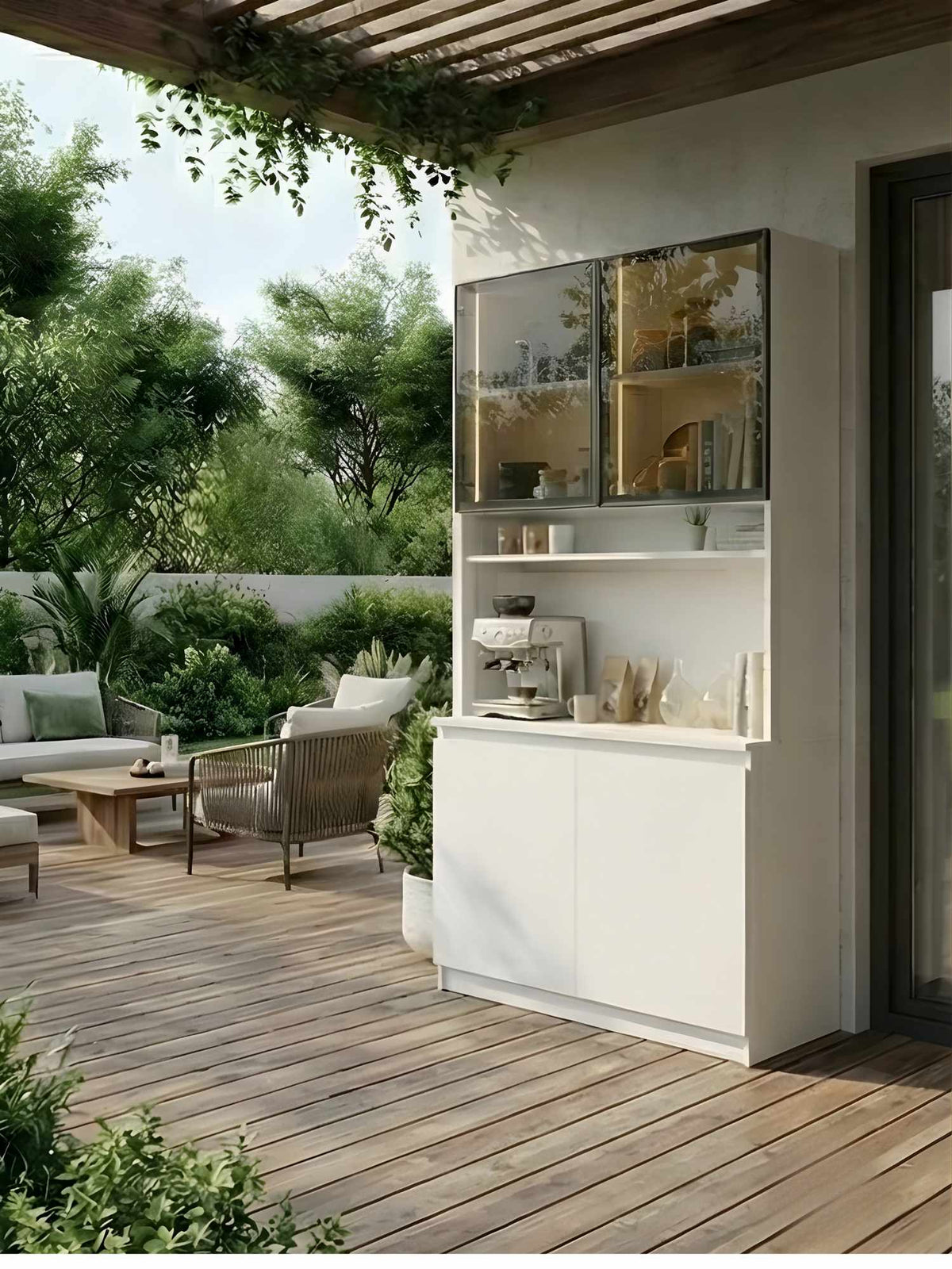 Ντουλάπι Καφέ MDF με Βιτρίνα, Φωτισμό LED & Πόρτες Soft Close 120×40×201 εκ. – Λευκό 285VST1148