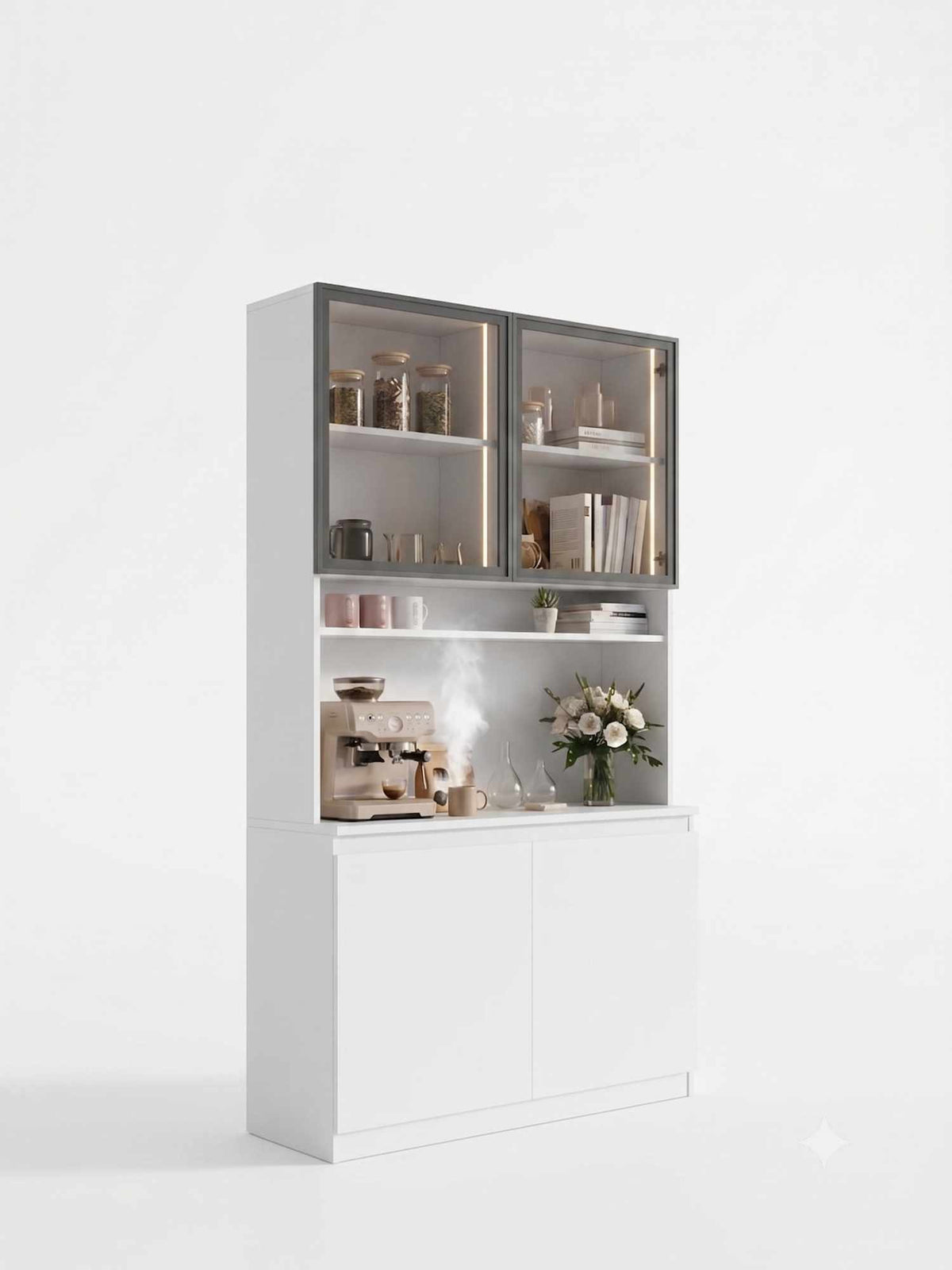 Ντουλάπι Καφέ MDF με Βιτρίνα, Φωτισμό LED & Πόρτες Soft Close 120×40×201 εκ. – Λευκό 285VST1148