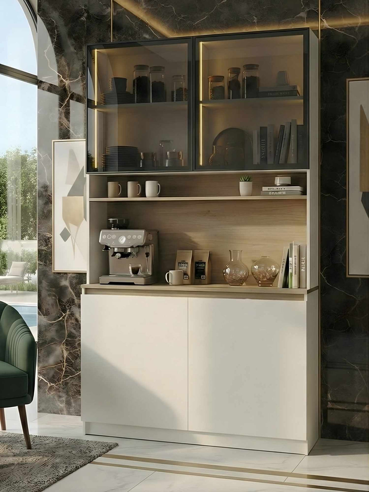 Ντουλάπι Καφέ MDF με Βιτρίνα, Φωτισμό LED & Πόρτες Soft Close – Λευκό / Τοσκάνη 285VST1150