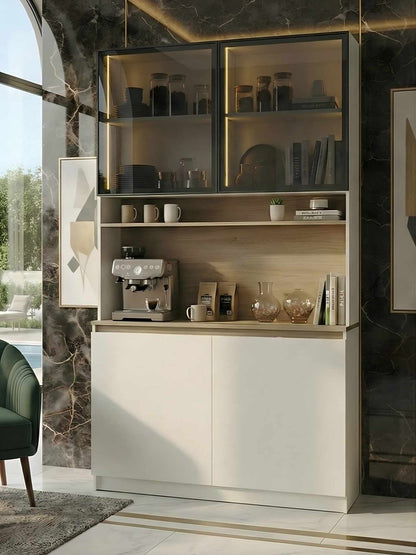 Ντουλάπι Καφέ MDF με Βιτρίνα, Φωτισμό LED & Πόρτες Soft Close – Λευκό / Τοσκάνη 285VST1150