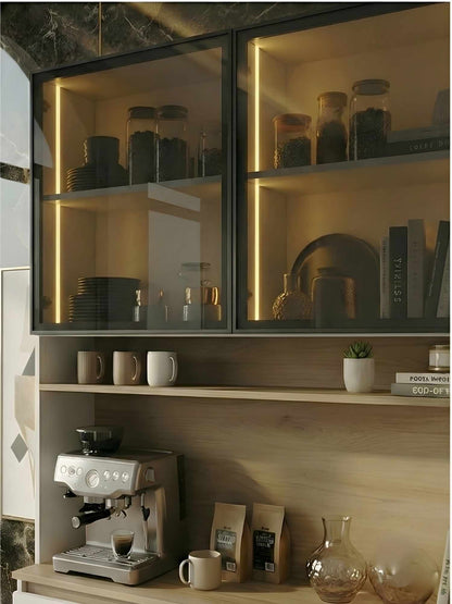 Ντουλάπι Καφέ MDF με Βιτρίνα, Φωτισμό LED & Πόρτες Soft Close – Λευκό / Τοσκάνη 285VST1150