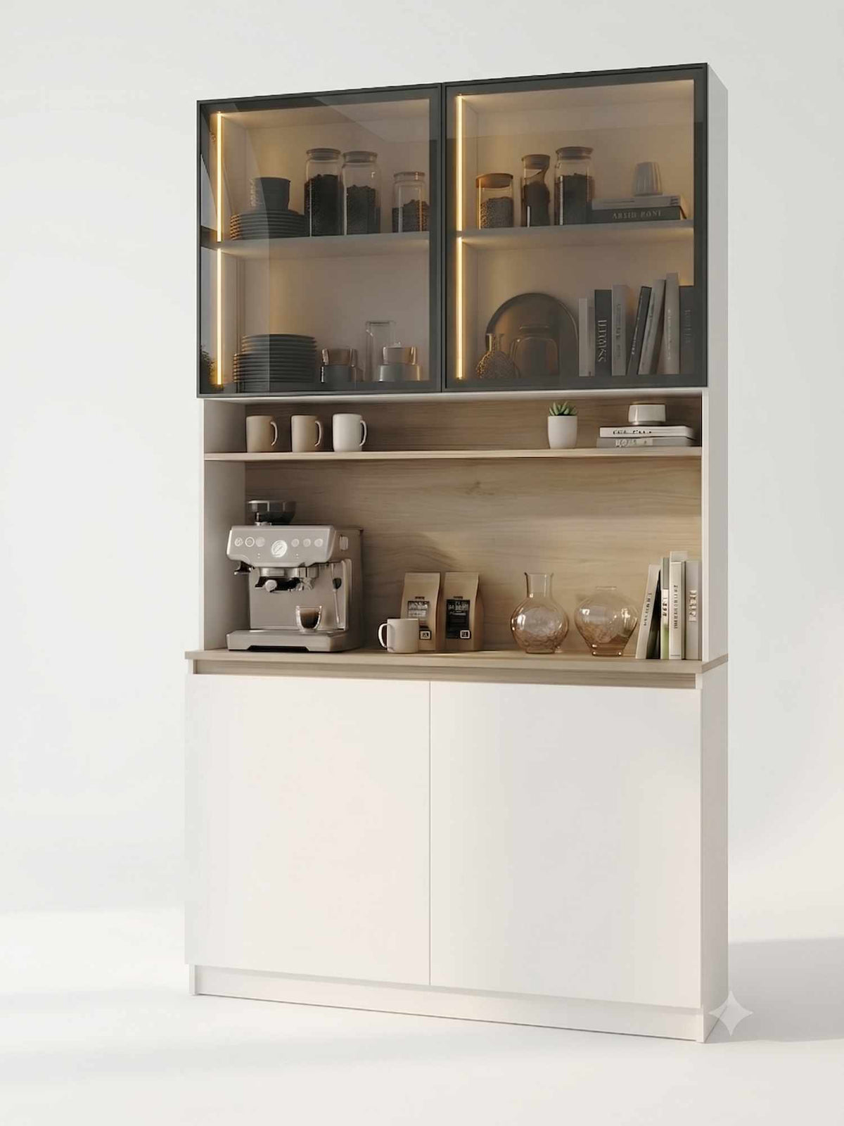 Ντουλάπι Καφέ MDF με Βιτρίνα, Φωτισμό LED & Πόρτες Soft Close – Λευκό / Τοσκάνη 285VST1150