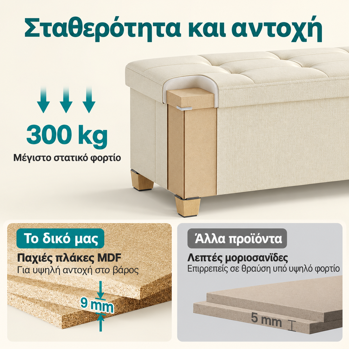 Σκαμπό Παγκάκι με Αποθηκευτικό Χώρο 112 Λίτρων, Καπιτονέ Επένδυση με Όψη Λινού και Πόδια 38 x 110 x 40 εκ  LS-F079LF01