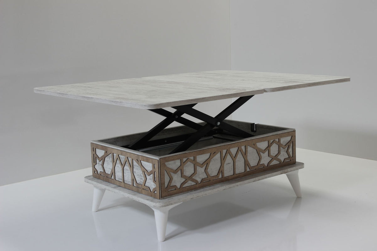 Έξυπνο Τραπεζάκι Σαλονιού Με Ρυθμιζόμενο Ύψος Πολυχρηστικό Τραπεζαρία Αντικέ Λευκό 90 x 60 x 38 εκ GR331KVN1136