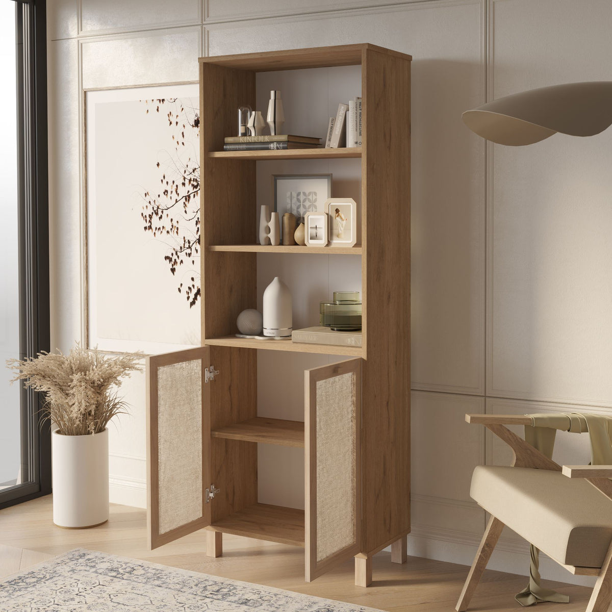 Βιβλιοθήκη Δρυς με Ράφια και Ντουλάπι Ρατάν Boho 69.5x32x180 εκ Φυσικό Στυλ και Πρακτική Αποθήκευση 336VIN1303