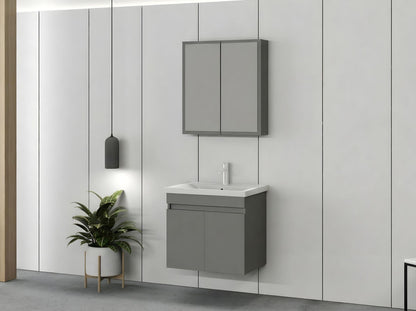 Έπιπλο Μπάνιου Κρεμαστό 65cm με Κεραμικό Νιπτήρα, Ντουλάπι Καθρέφτη & Αποθηκευτικό Χώρο Γκρί Ματ Συναρμολογημένο GR358FLV1136