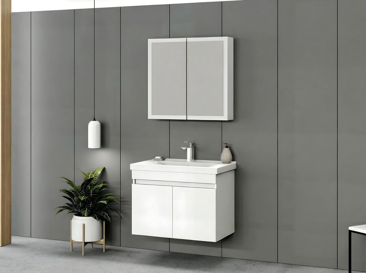 Έπιπλο Μπάνιου Κρεμαστό 80cm με Κεραμικό Νιπτήρα, Ντουλάπι Καθρέφτη & Αποθηκευτικό Χώρο Λευκό Ματ Συναρμολογημένο GR358FLV1138