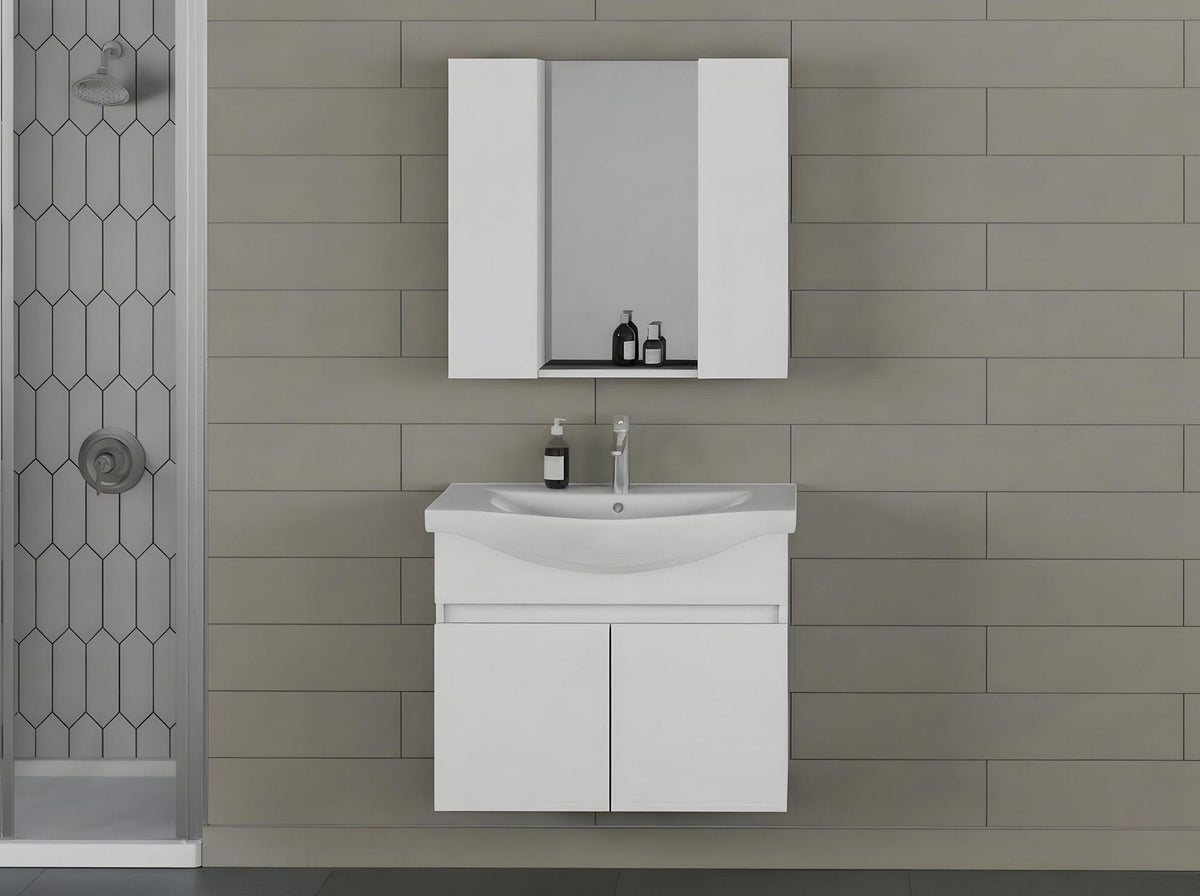 Έπιπλο Μπάνιου Κρεμαστό 80cm με Κεραμικό Νιπτήρα, Ντουλάπι Καθρέφτη & Αποθηκευτικό Χώρο Λευκό Ματ Συναρμολογημένο GR358FLV1162