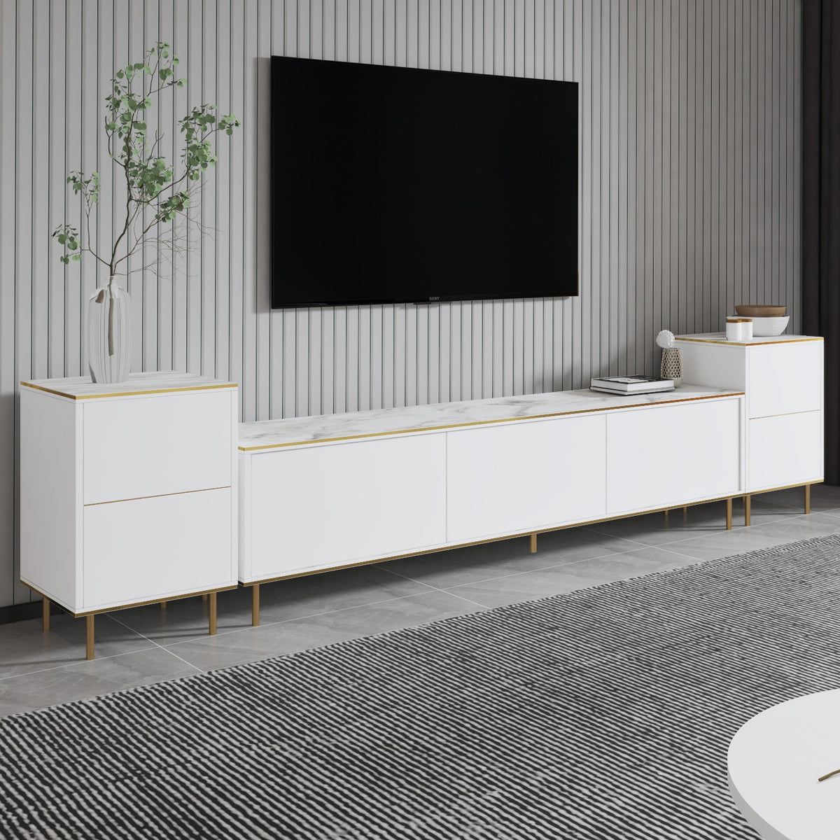 Έπιπλο Τηλεόρασης TV Βάση Σύνθεση Λευκό Marble Χρυσό | 382NRC1141