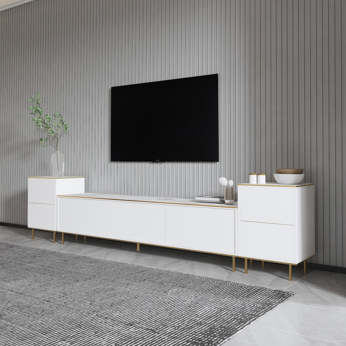 Έπιπλο Τηλεόρασης TV Βάση Σύνθεση Λευκό Marble Χρυσό | 382NRC1141
