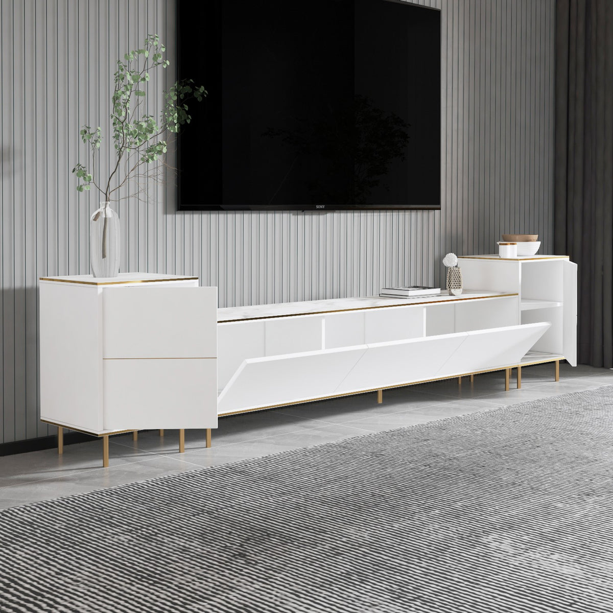 Έπιπλο Τηλεόρασης TV Βάση Σύνθεση Λευκό Marble Χρυσό | 382NRC1141