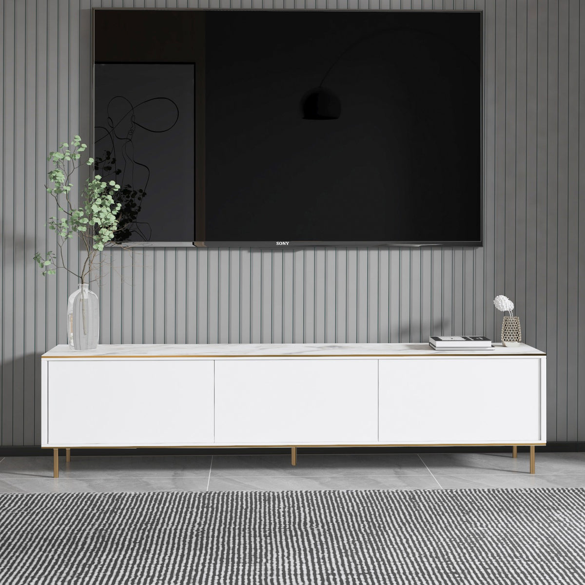 Έπιπλο Τηλεόρασης TV Βάση Σύνθεση Λευκό Marble Χρυσό | 382NRC1143