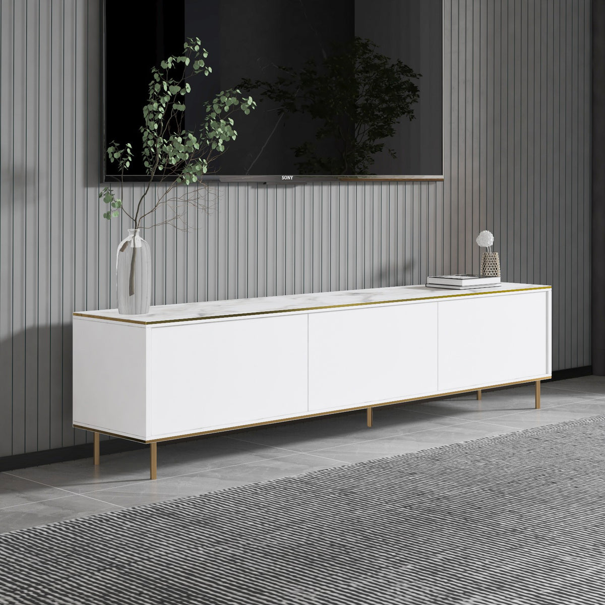 Έπιπλο Τηλεόρασης TV Βάση Σύνθεση Λευκό Marble Χρυσό | 382NRC1143