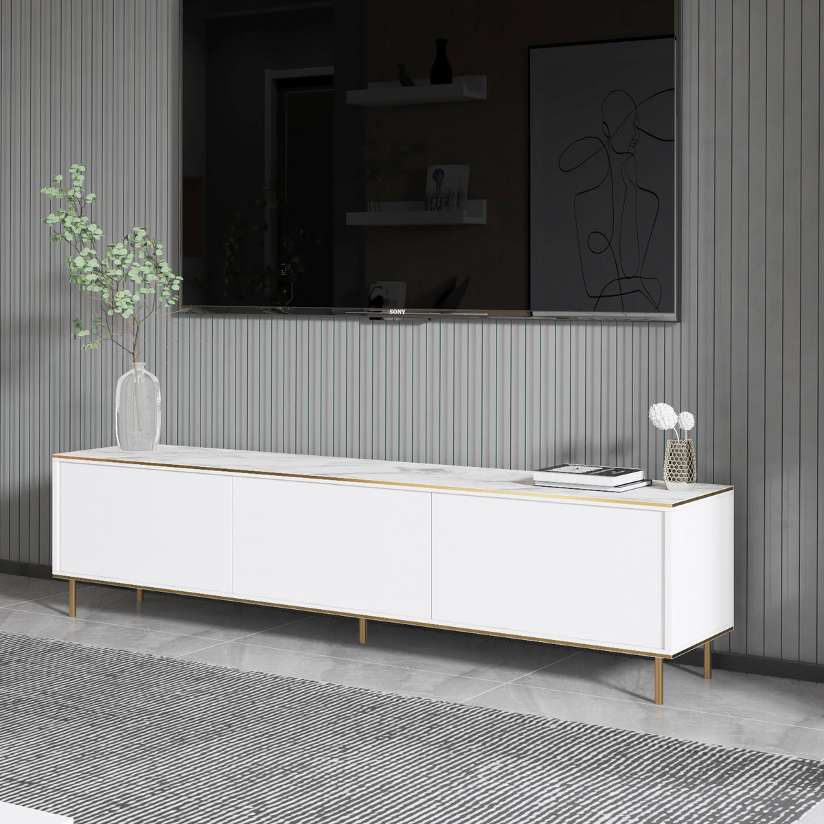 Έπιπλο Τηλεόρασης TV Βάση Σύνθεση Λευκό Marble Χρυσό | 382NRC1143