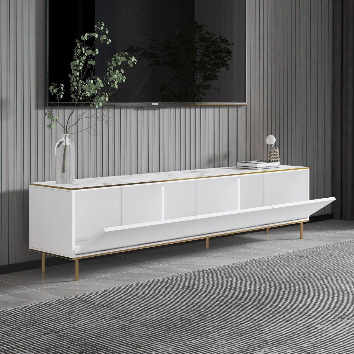 Έπιπλο Τηλεόρασης TV Βάση Σύνθεση Λευκό Marble Χρυσό | 382NRC1143