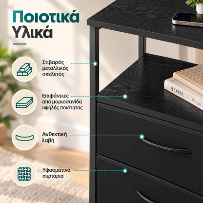 Κομοδίνο με LED, 3 Συρτάρια, Πρίζες & USB/Type-C 40×30×76 εκ. Μαύρο  LG-S303BH02