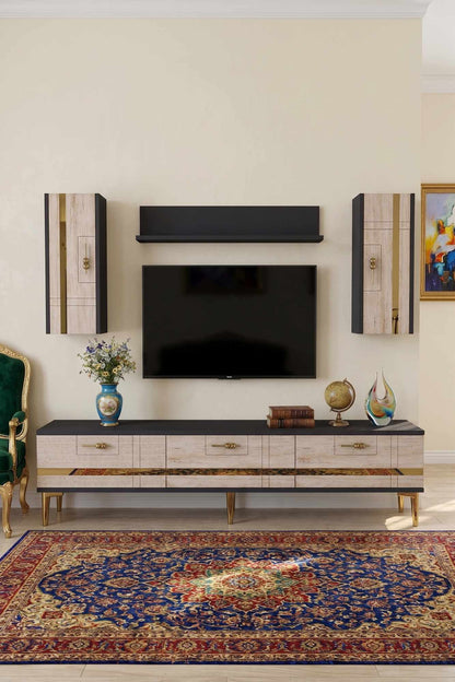 Σύνθεση Τηλεόρασης 180 × 41 × 30 Ανθρακί / Τραβερτίνη / Χρυσό 392STN1218