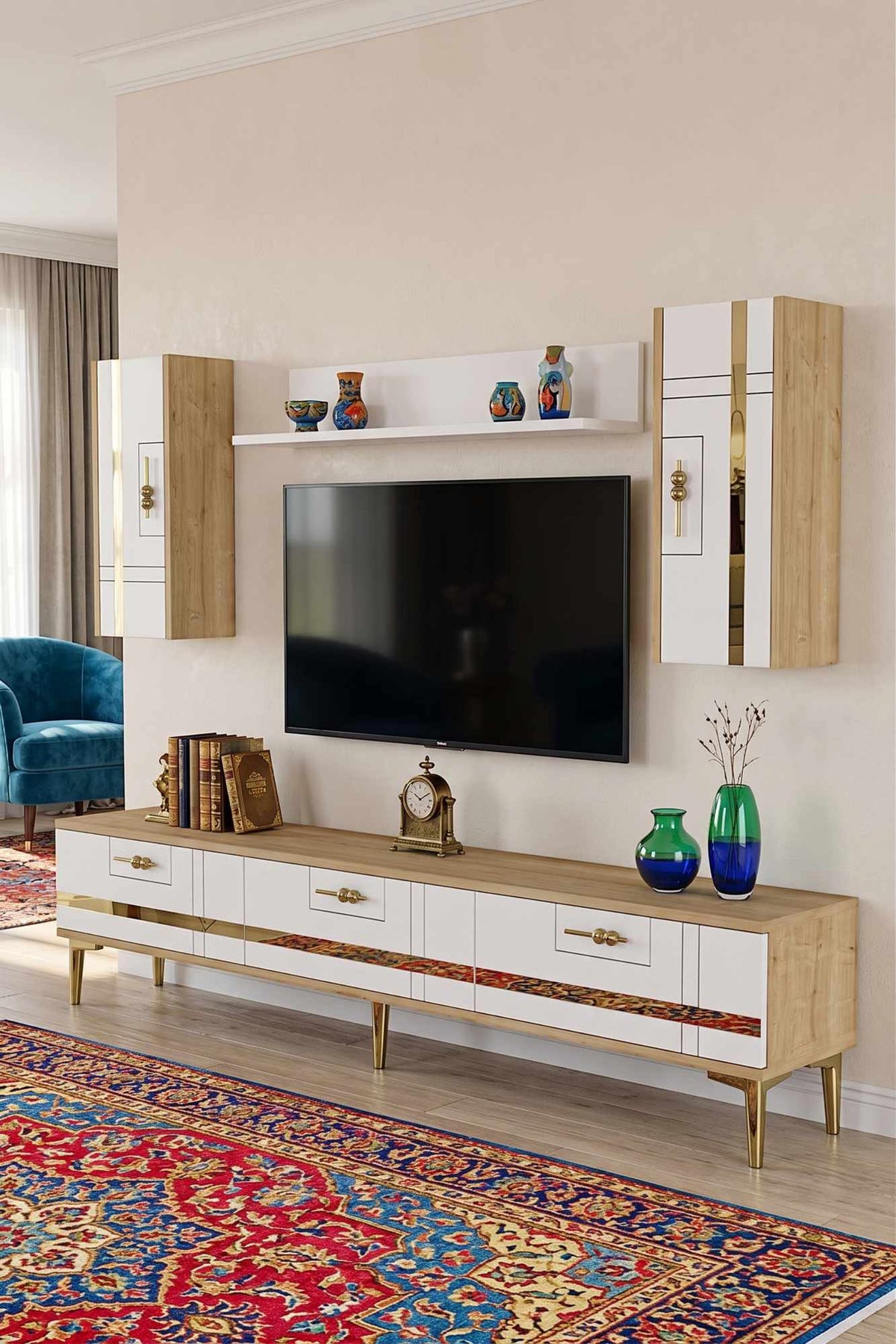 Σύνθεση Τηλεόρασης 180 × 41 × 30 Δρυς Σαπφείρ / Λευκό / Χρυσό 392STN1220