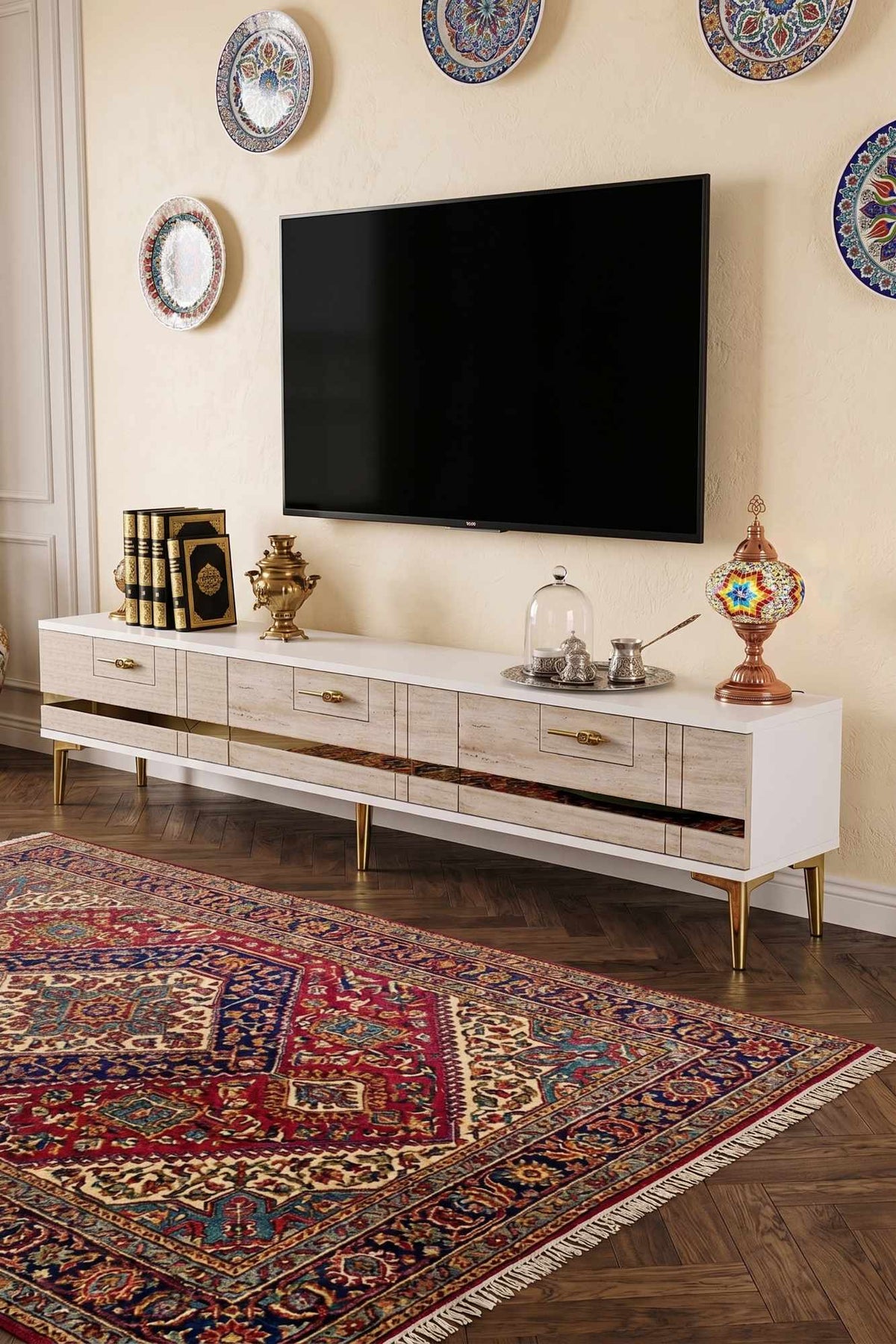 Έπιπλο Τηλεόρασης 180 × 41 × 30 Λευκό / Τραβερτίνη / Χρυσό 392STN1234