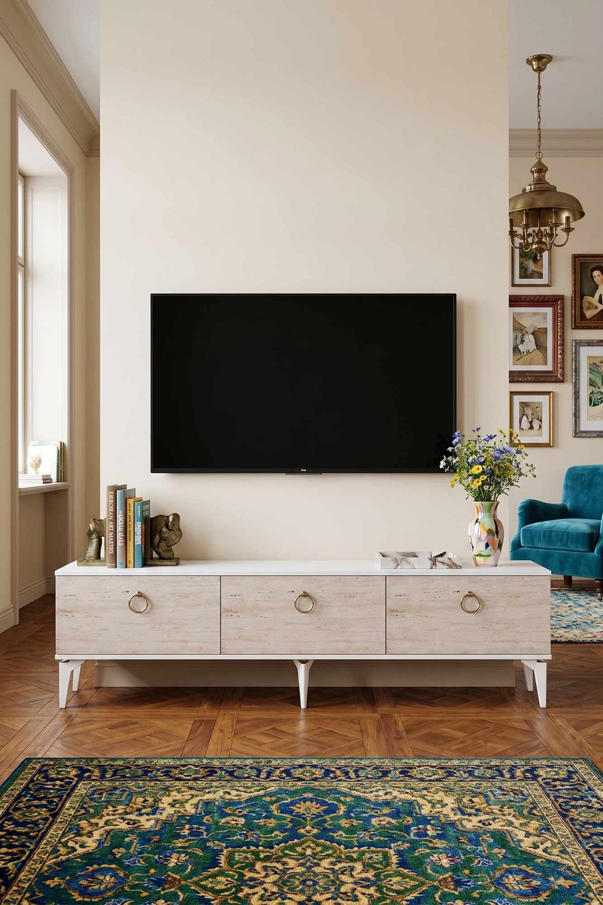 Έπιπλο Τηλεόρασης 180 × 53 × 30 Λευκό / Τραβερτίνη 392STN1240