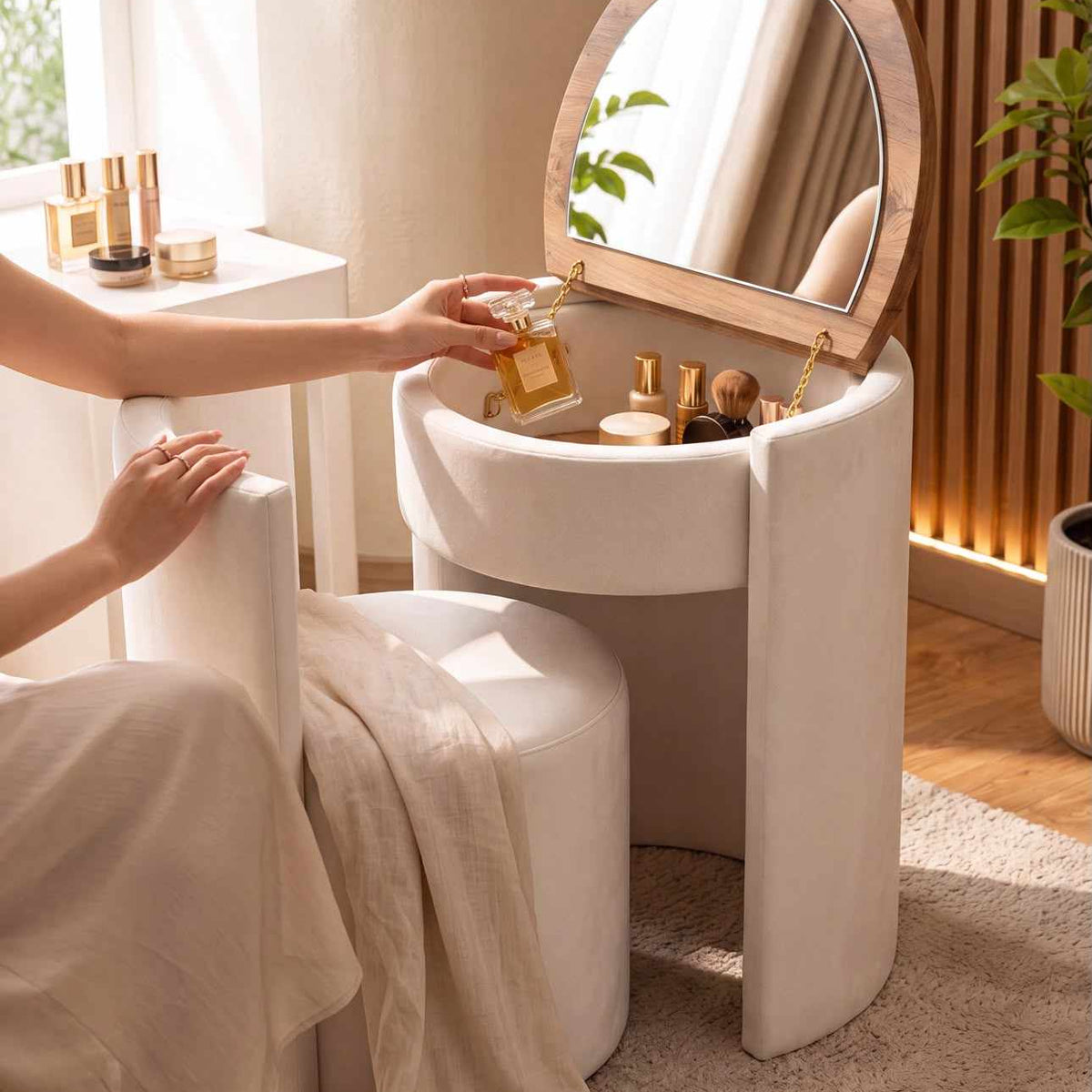 Σετ Μπουντουάρ με Καθρέφτη Αποθηκευτικό Χώρο και Επενδυμένη Καρέκλα Κρεμ 403SDR1126