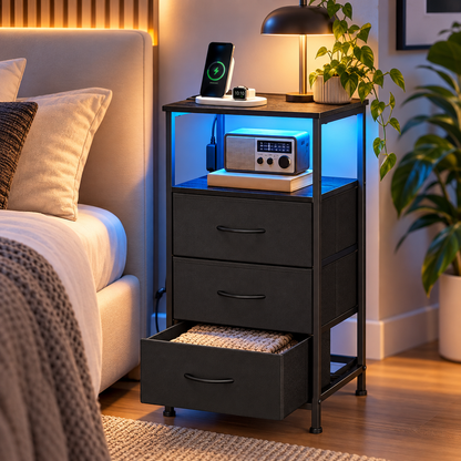 Κομοδίνο με LED, 3 Συρτάρια, Πρίζες & USB/Type-C 40×30×76 εκ. Μαύρο  LG-S303BH02