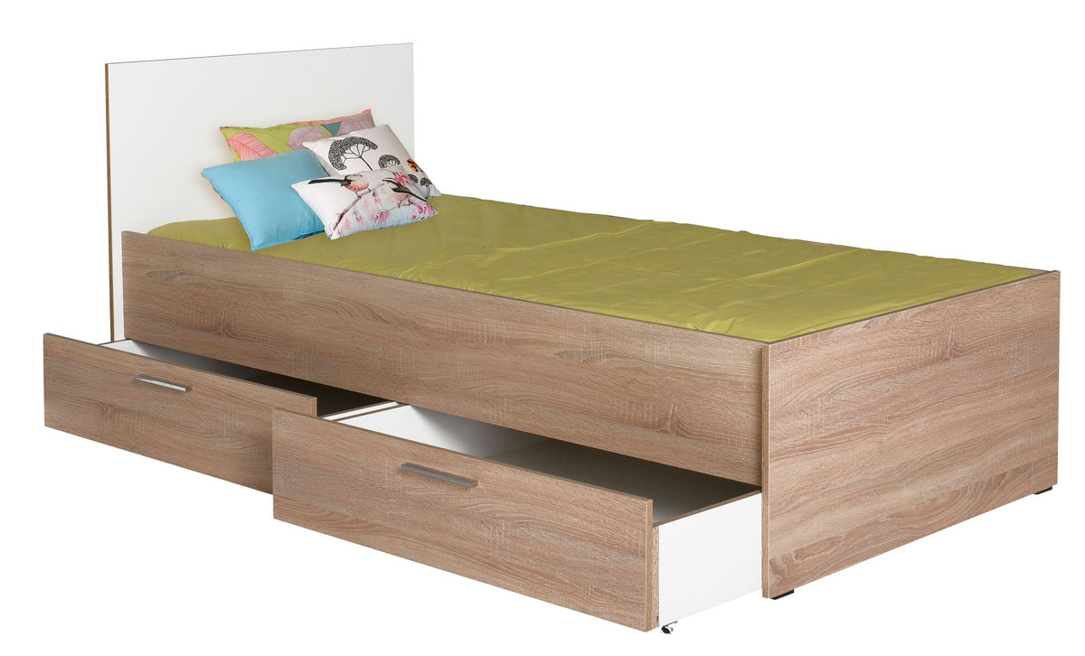 Μονό Κρεβάτι 90x190 cm με 2 Συρτάρια Αποθήκευσης σε Χρώμα Sonoma & Λευκό | 479ADR1139