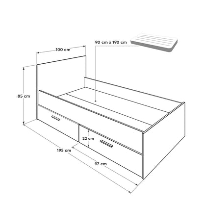 Μονό Κρεβάτι 90x190 cm με 2 Συρτάρια Αποθήκευσης σε Χρώμα Sonoma & Λευκό | 479ADR1139