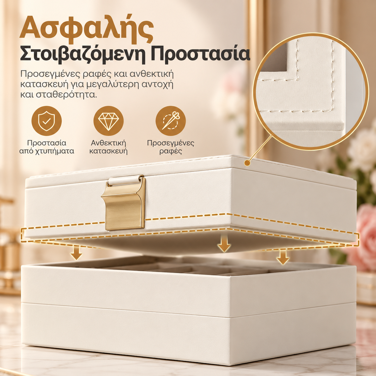 Κοσμηματοθήκη 4 Επιπέδων με Γυάλινο Καπάκι  Βελούδινη Επένδυση και Χρυσές Λεπτομέρειες  Λευκή 28×17×18,3 εκ.  JB-CB35164W01