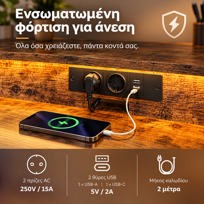 Γραφείο Υπολογιστή  με Φωτισμό LED 20 Χρωμάτων Υπερυψωμένη Βάση για 2 Οθόνες 2 Πρίζες  2 Θύρες USB Καφέ Μαύρο 120×60×91 εκ  LW-D192K01