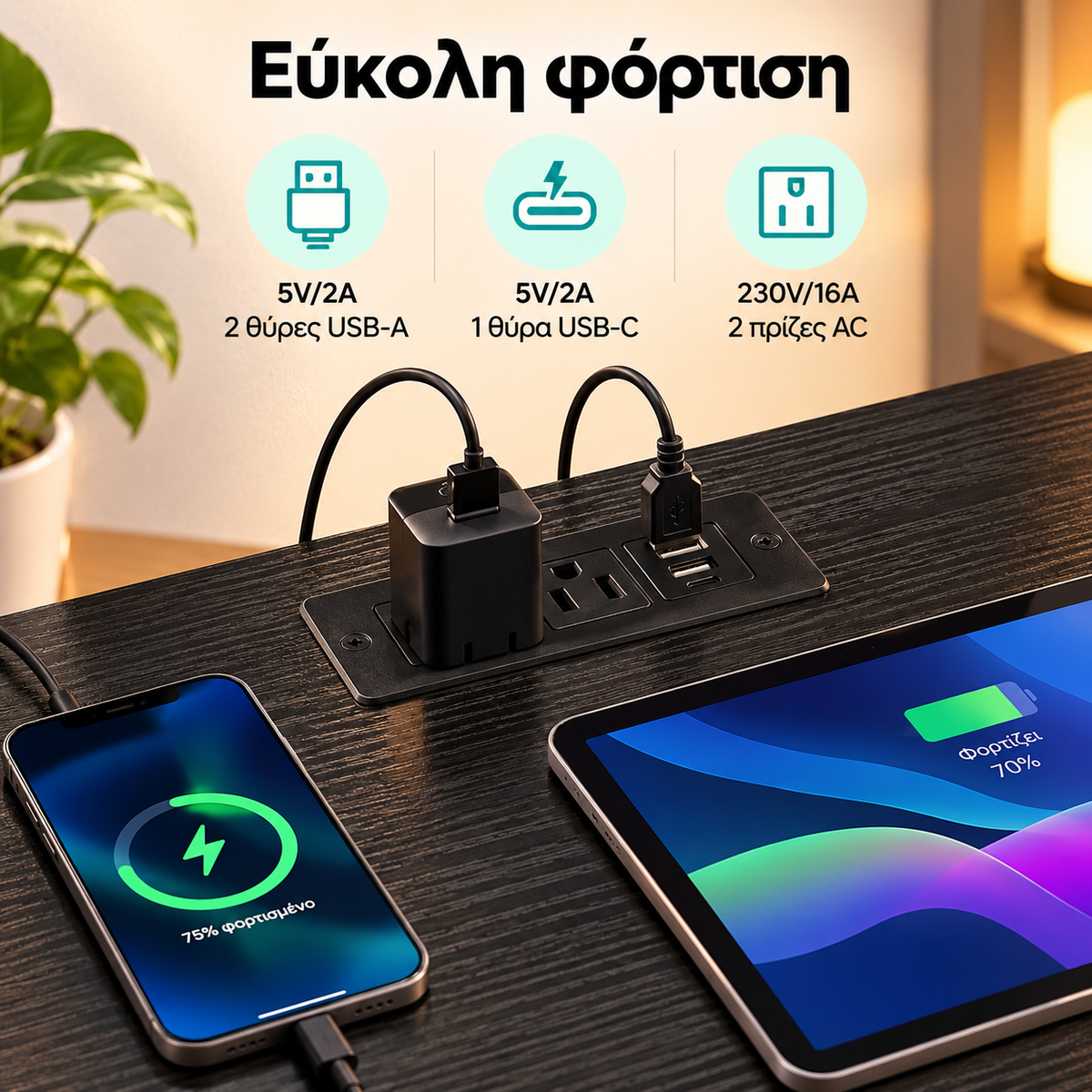 Κομοδίνο με LED, 3 Συρτάρια, Πρίζες & USB/Type-C 40×30×76 εκ. Μαύρο  LG-S303BH02