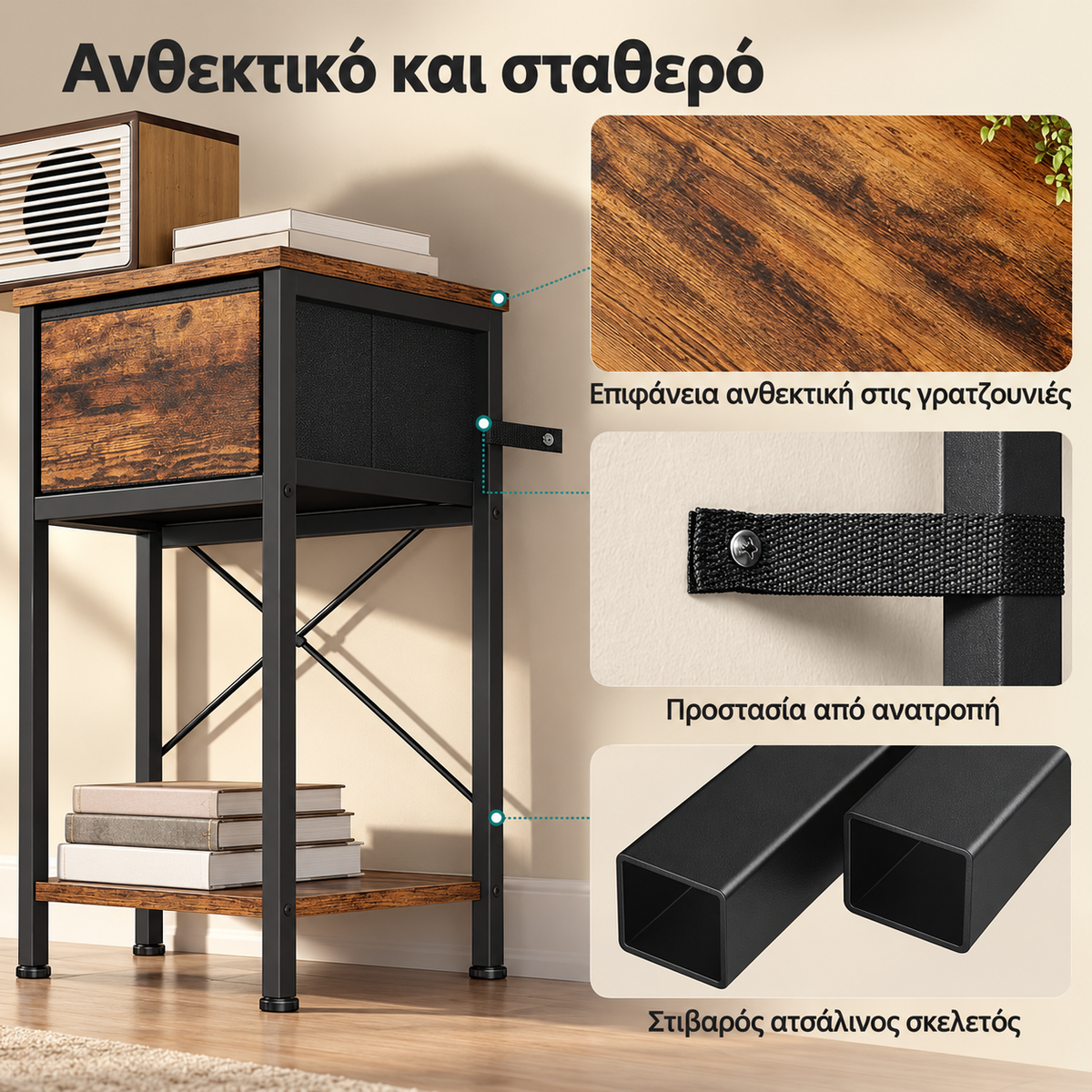 Κομοδίνο με Συρτάρι Ράφι, Φωτισμό LED RGB και Σταθμό Φόρτισης USB & Type-C 40 x 30 x 61 εκ  LG-S101K101