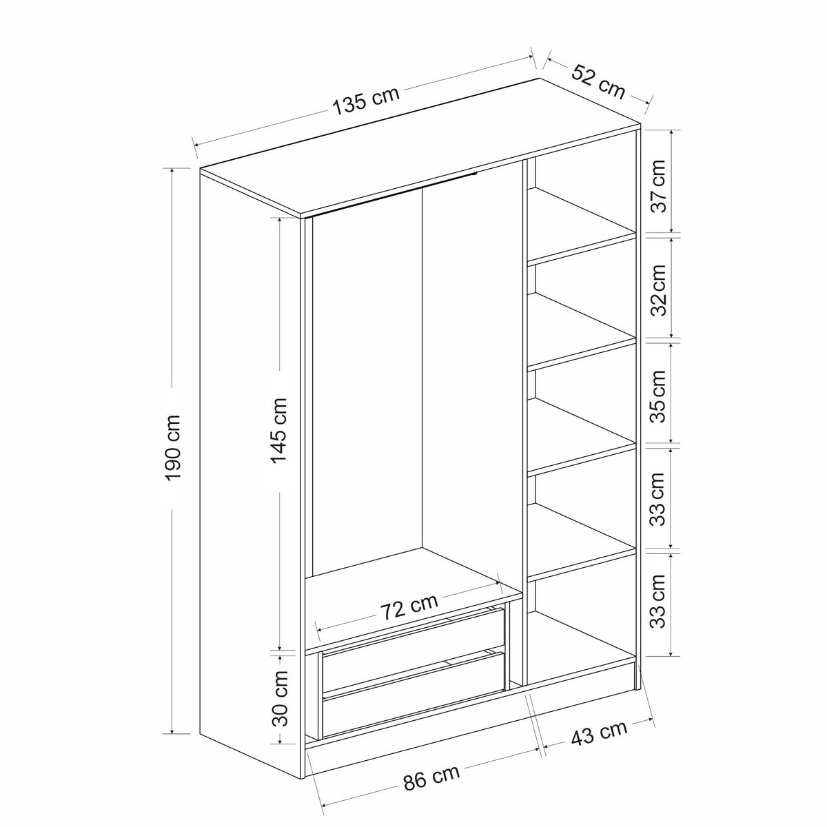 Ντουλάπα 135x190x52 εκ Anthracite Black 506MNR2271