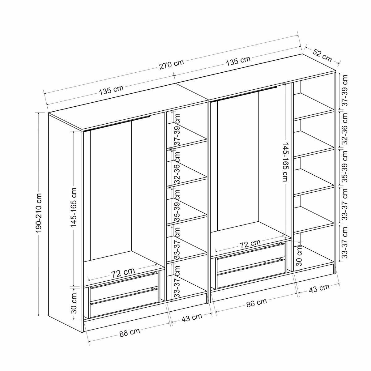 Ντουλάπα 270x210x52 εκ Ανθρακί 506MNR2723