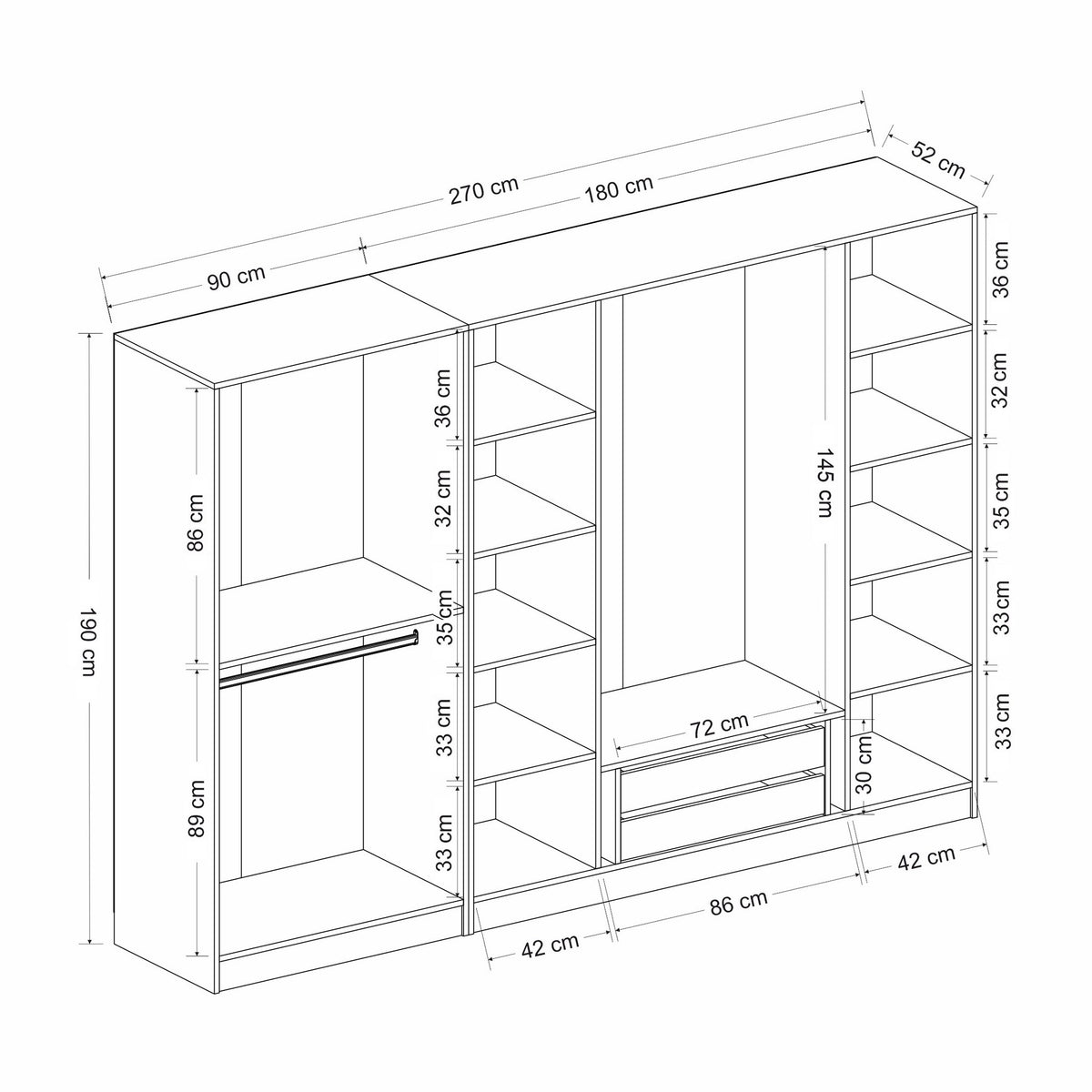 Ντουλάπα 270x190x52 εκ Anthracite Black 506MNR2728