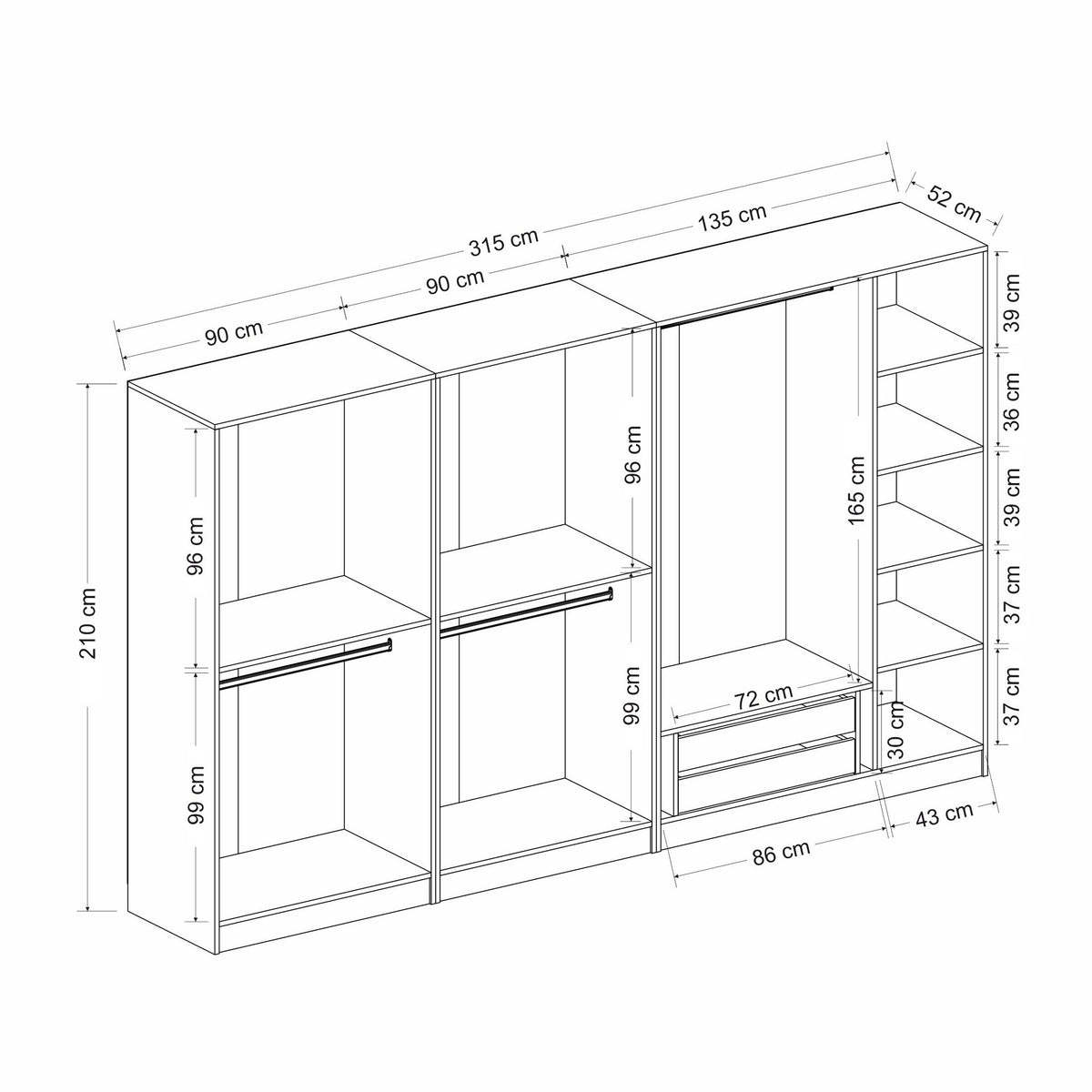Ντουλάπα 315x210x52 εκ Anthracite Black 506MNR2984