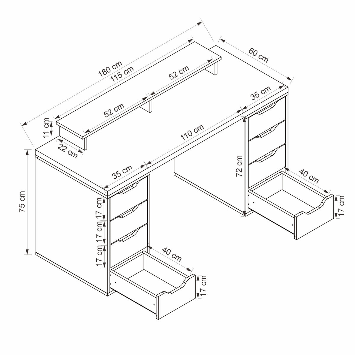 Γραφείο Υπολογιστή και Μελέτης Ανθρακί 180x75x60 εκ 506MNR3871