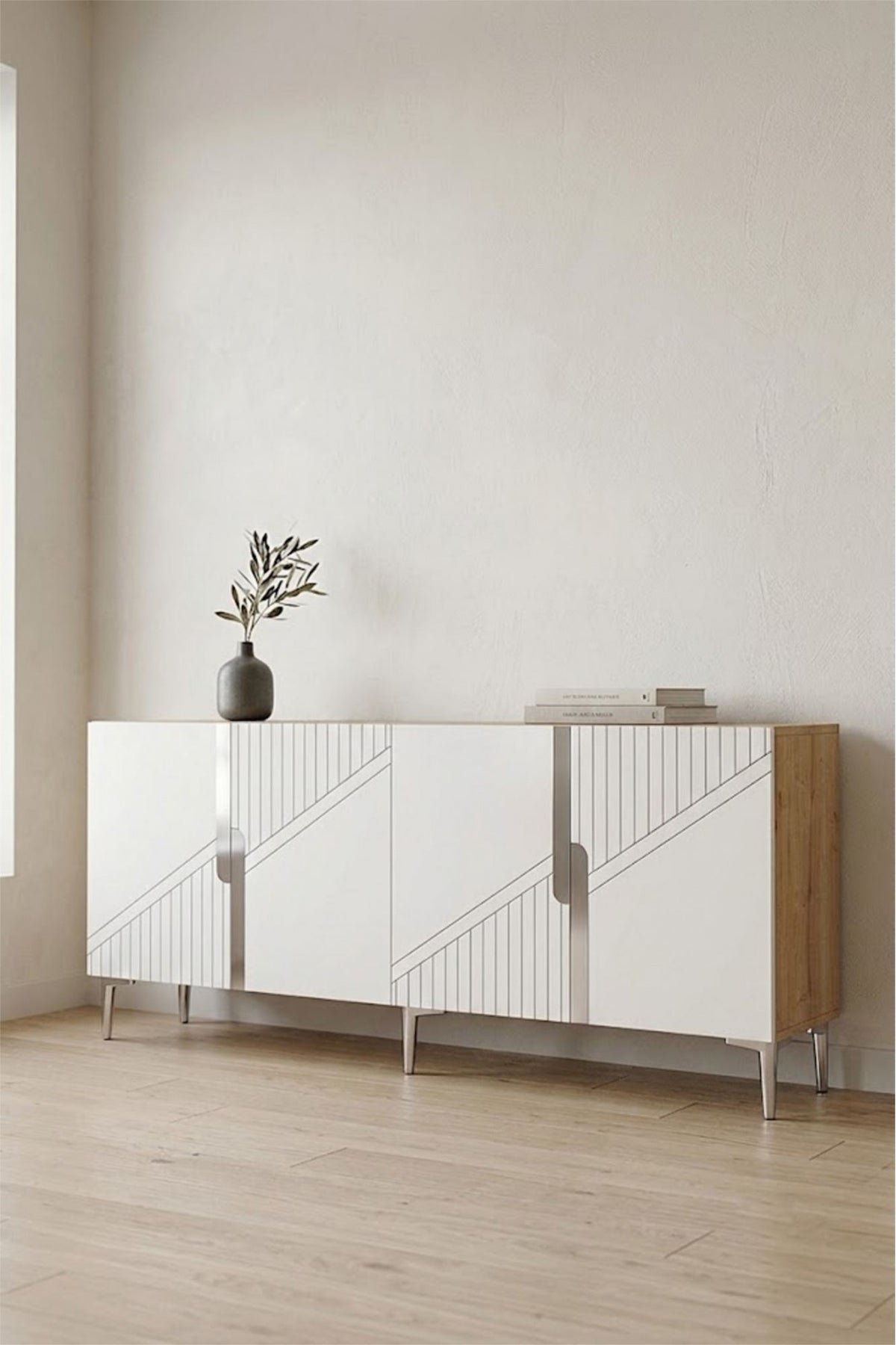 Κονσόλα Μπουφές 150x75x32 εκ Δρυς Sapphire / Λευκό / Ασημί 555CHM1596