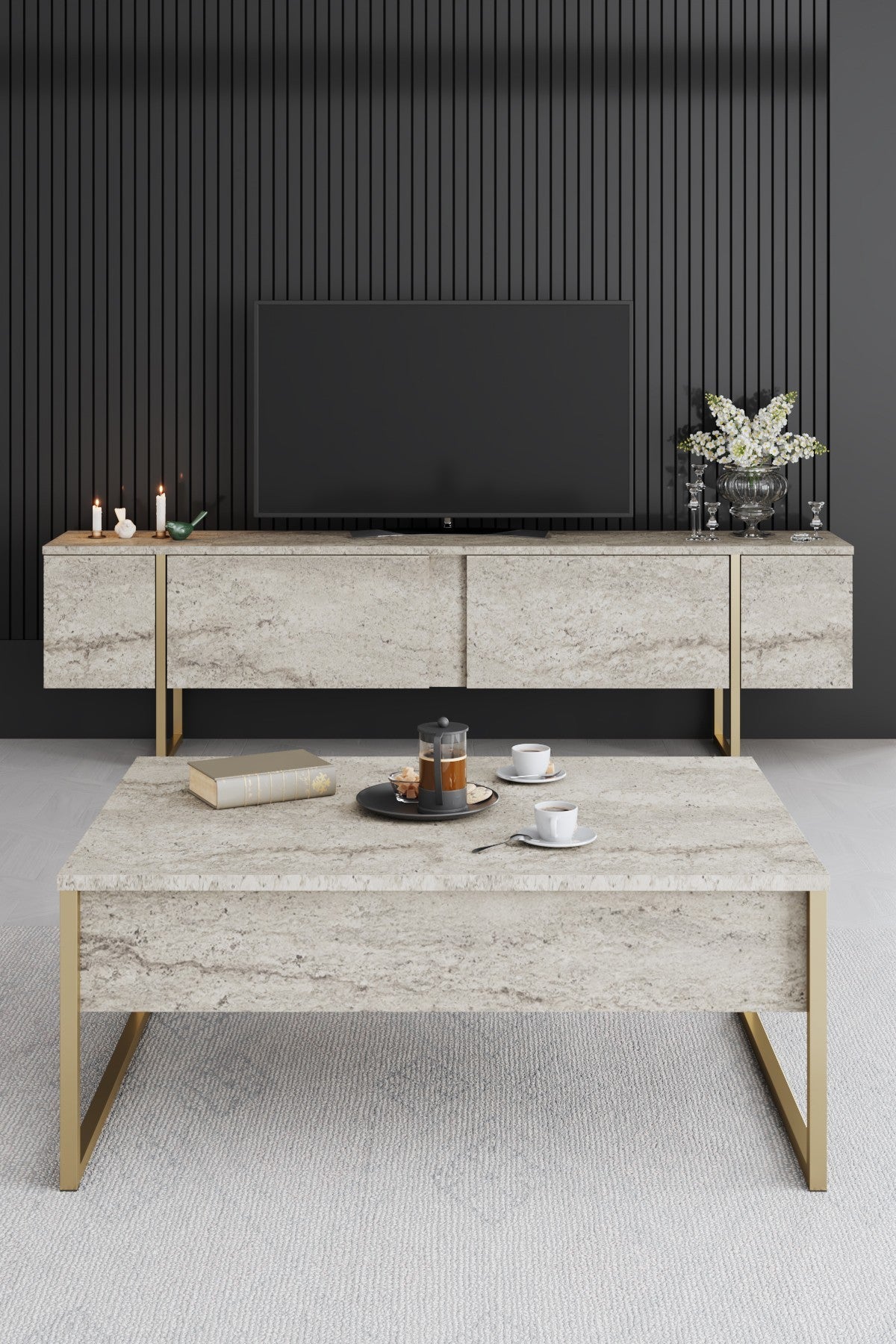 Έπιπλο Τηλεόρασης TV Βάση Σύνθεση Travertine Χρυσό | 618BLY1254