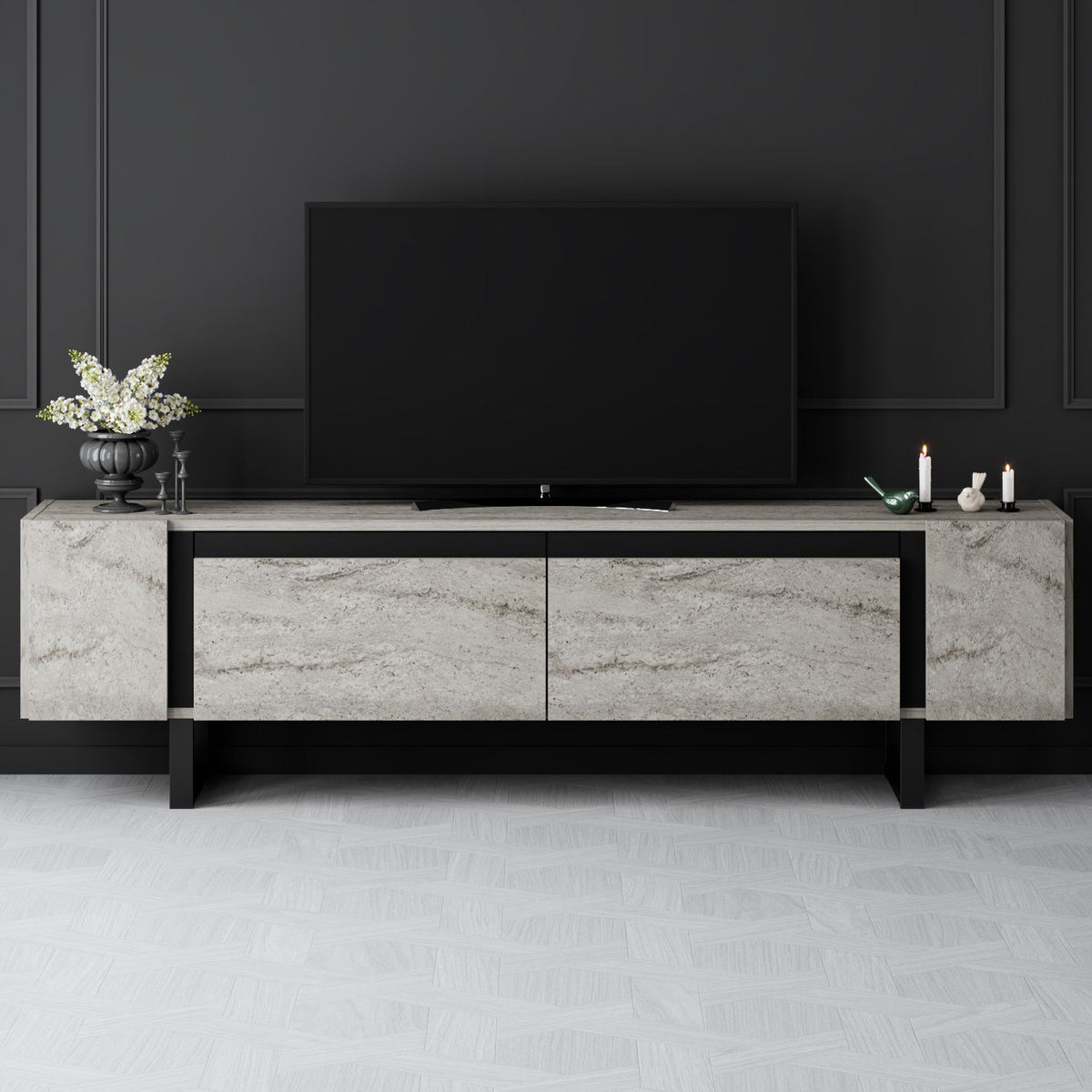 Έπιπλο Τηλεόρασης TV Βάση Σύνθεση Travertine Μαύρο | 618BLY1277