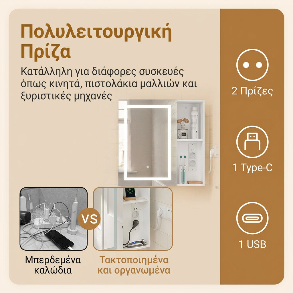 Ντουλάπι Μπάνιου Επιτοίχιο με Καθρέπτη, Φωτισμό LED Αφής, 2 Πρίζες, Θύρα USB και Ανοιχτά Ράφια Αποθήκευσης, Λευκό   60×16×60 εκ. SBY-BZR239-EW