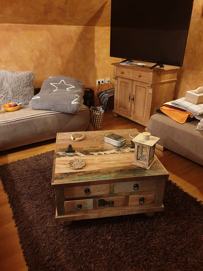 Couchtisch Couchtisch Beistelltisch Altholz Massivholz groß quadratisch mit Schubladen Sofatisch 1243978